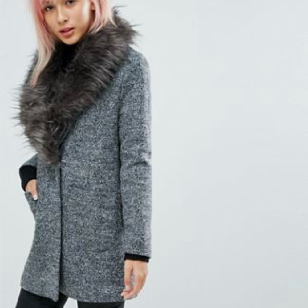 grey pea coat with removable faux fur trim